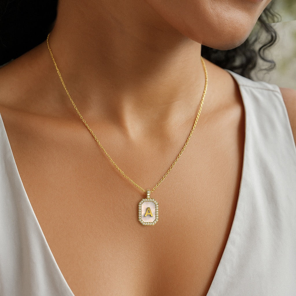 18k Gold Plated Silver Pearl Initial Zodiac & Initial Gemstone Pendant Necklace   AW24N004G