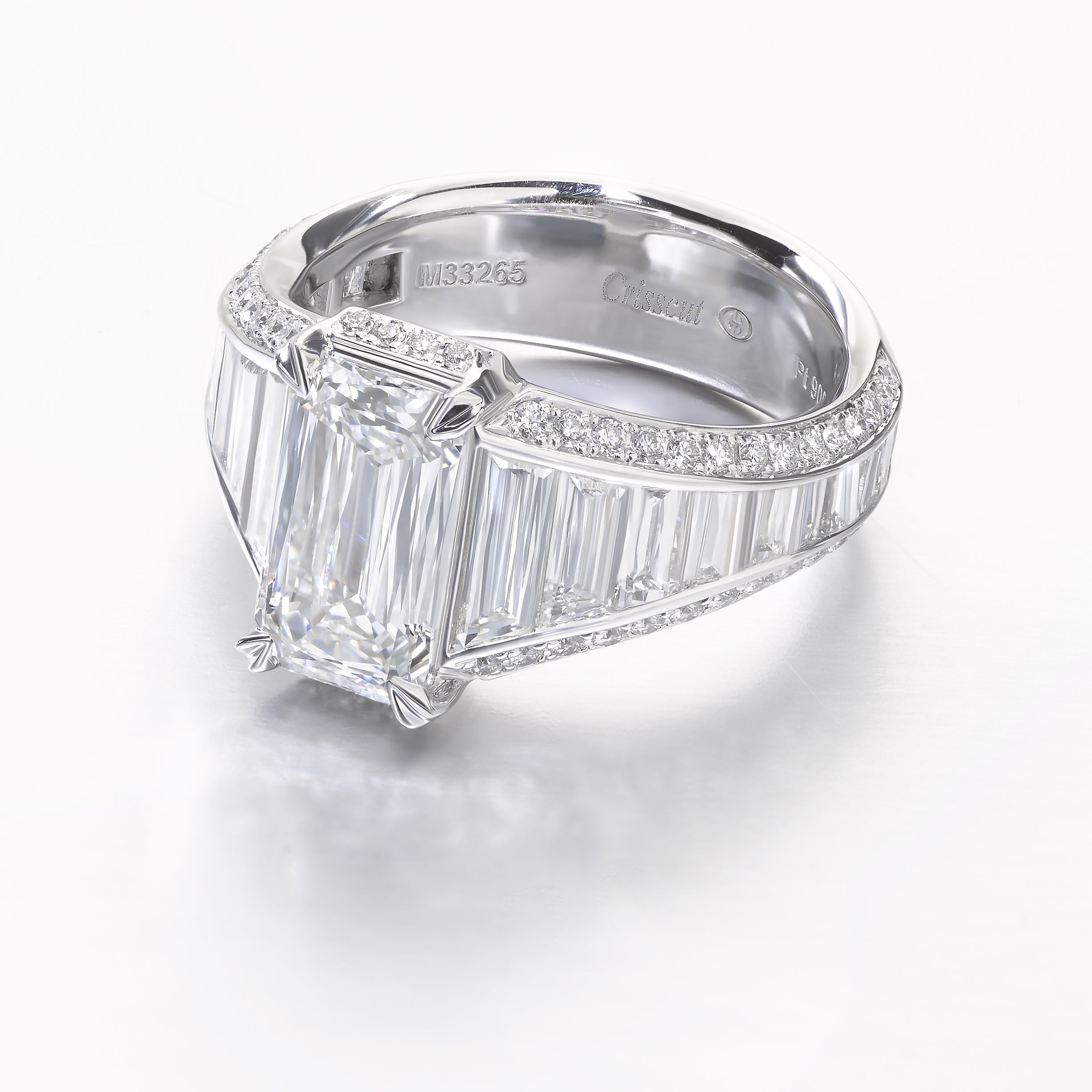 Platinum Crisscut Emerald and Baguette Engagement Ring