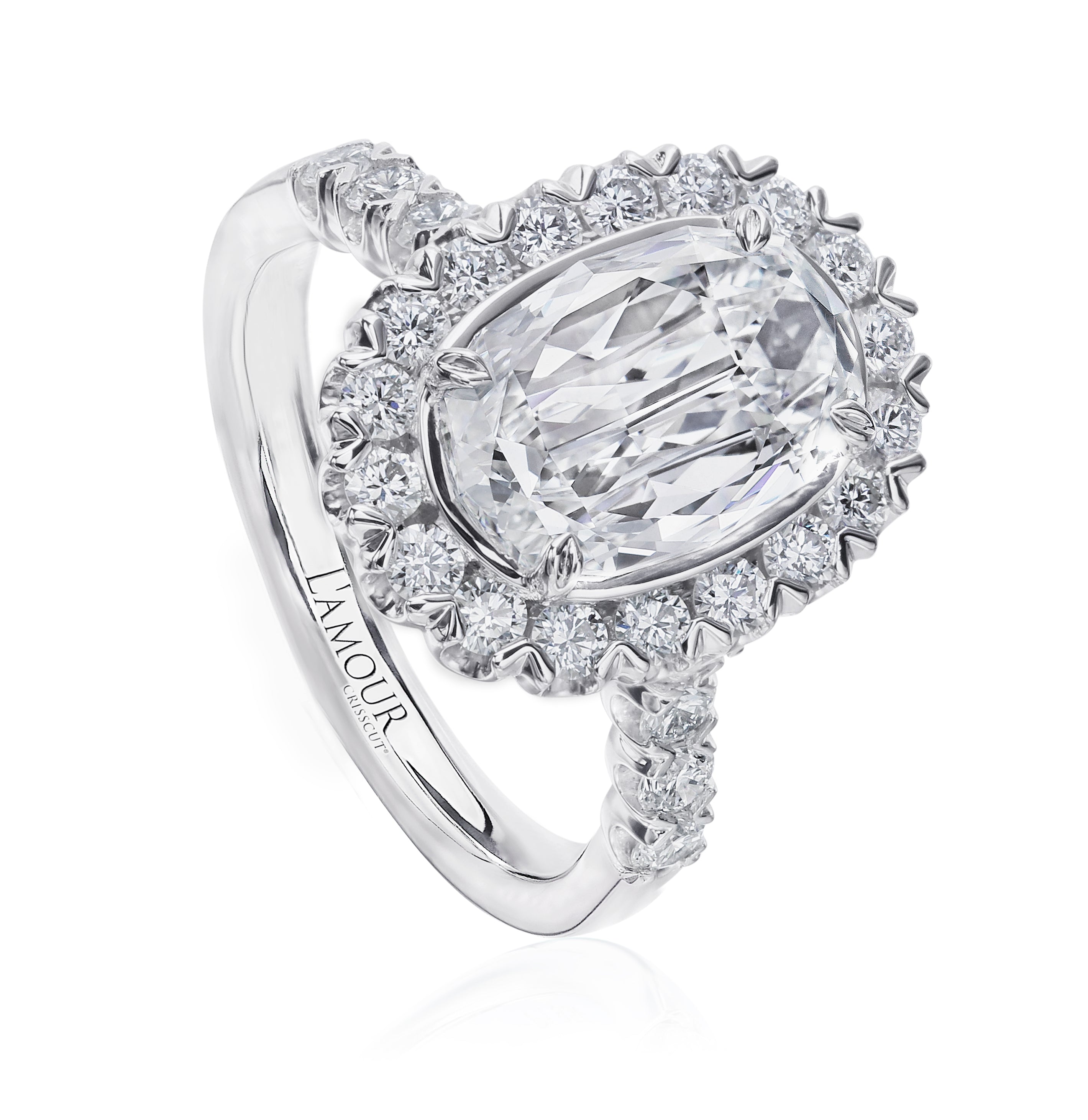 Crisscut Oval Engagement ring with halo in Cathedral Mounting